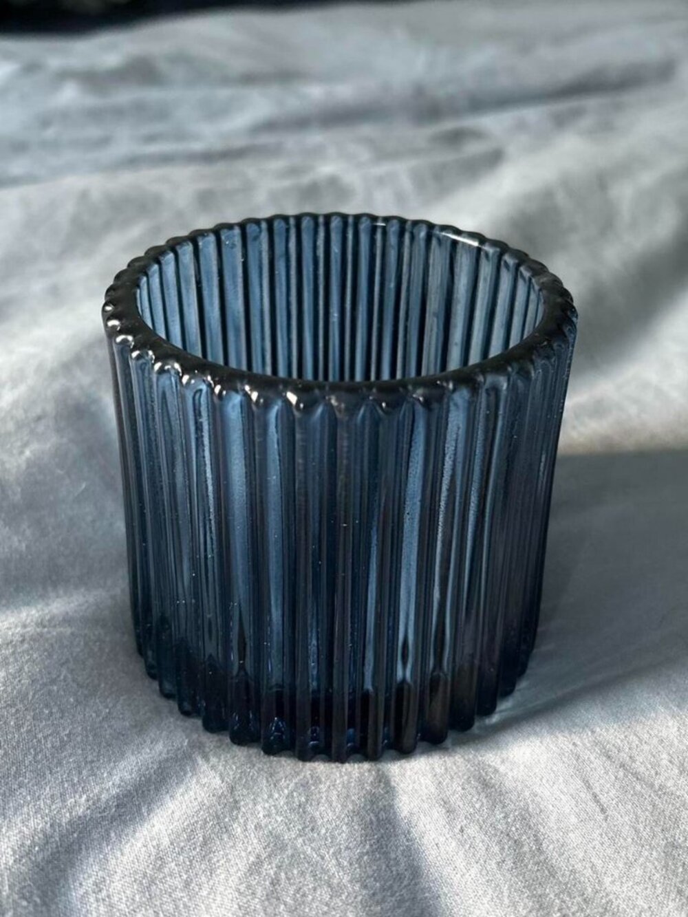 Dark Blue Ribbed Circular Glass Candle Holder